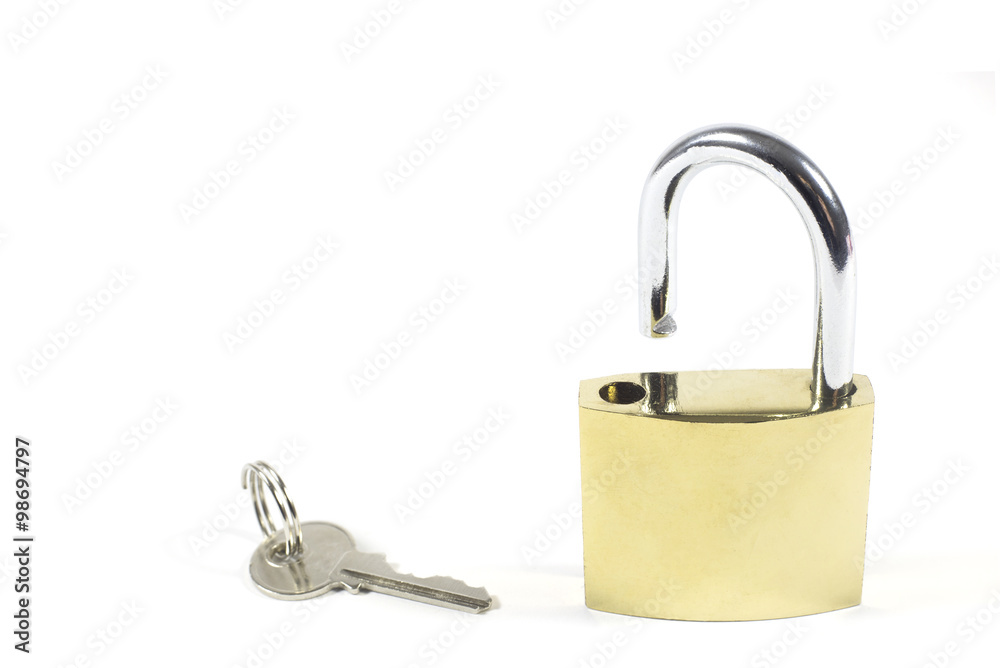 Open Padlock And Key Isolated On White Background Open Padlock And Key Isolated On White Background