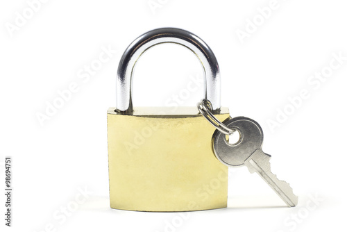 Locked Padlock And Key Isolated On White Background