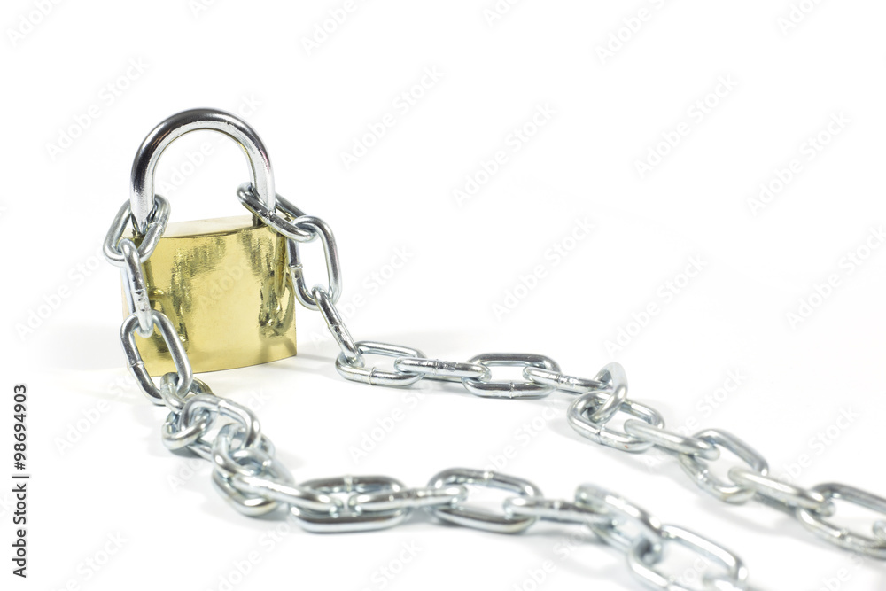 Golden Padlock And Metal Chain Isolated On White Background Golden Padlock And Metal Chain Isolated On White Background