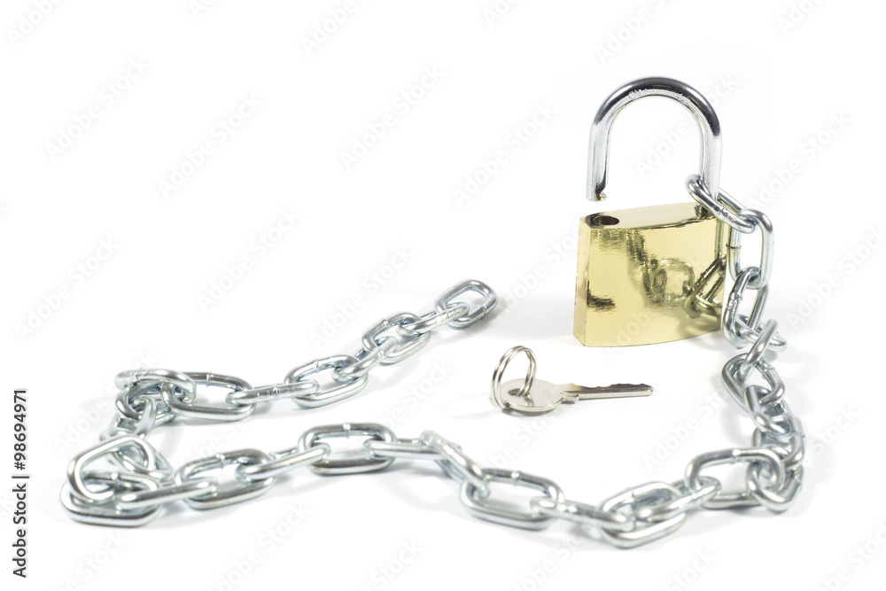 Golden Padlock And Metal Chain Isolated On White Background Golden Padlock And Metal Chain Isolated On White Background
