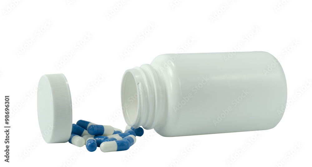 some pills of a white and blue colors with white jar some pills of a white and blue colors with white jar