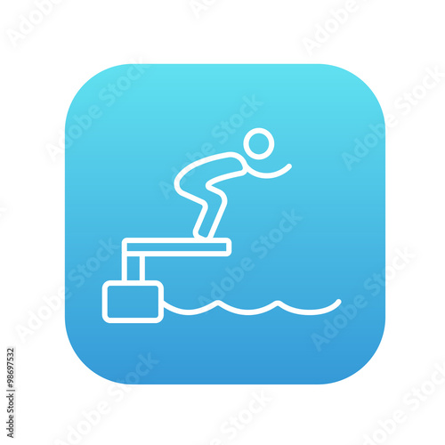 Swimmer jumping from starting block in pool line icon.