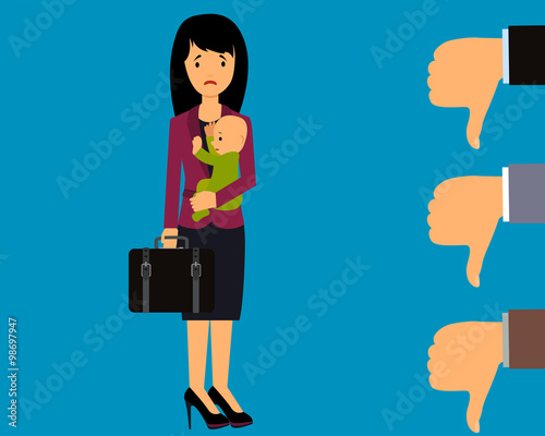 A young woman with a small child can not find work. Vector illustration