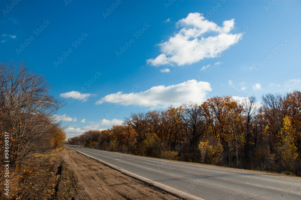 Route, blue sky, autumn.