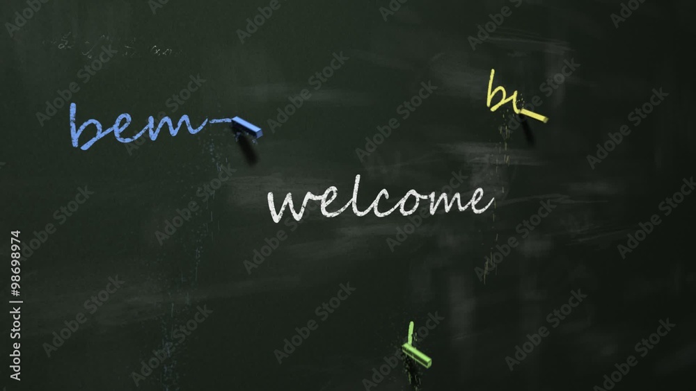 Welcome' in English, German, Russian, French, Spanish, Portugese. Blackboard.