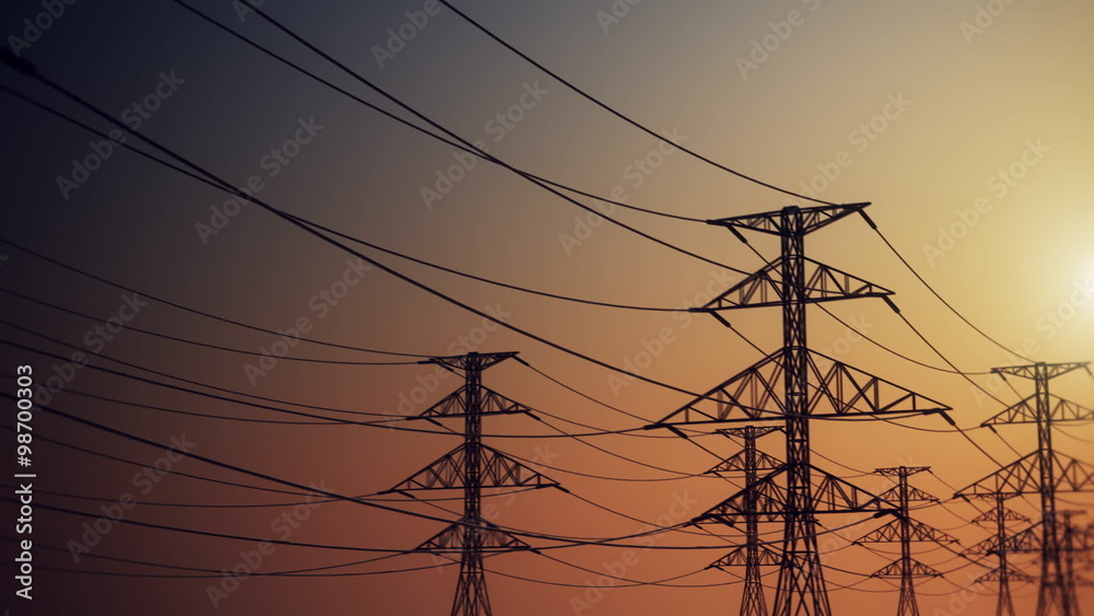 Eelectric powerlines and pylons animation with the setting sun. Loopable. HD