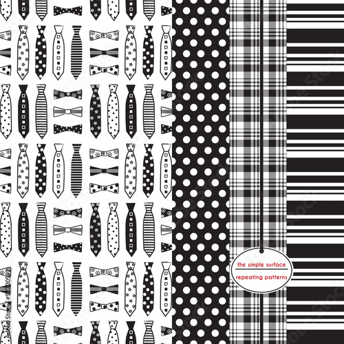 Necktie, bow tie seamless pattern set. Black and white repeating patterns for Father's Day, gift wrap, cards, backgrounds, gift tags, gift bags and more. Vector illustration.