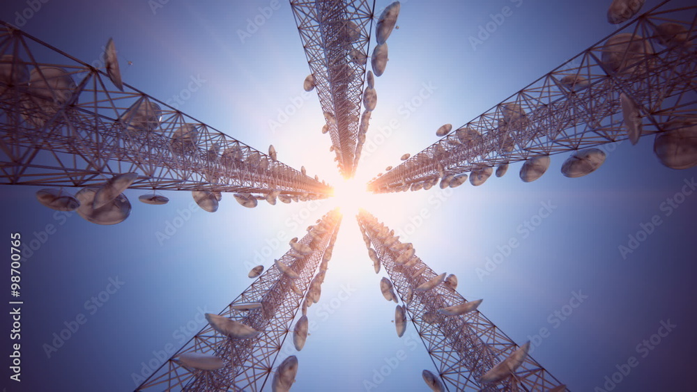 Endless animation of communication tower with uprising camera. Loopable. HD