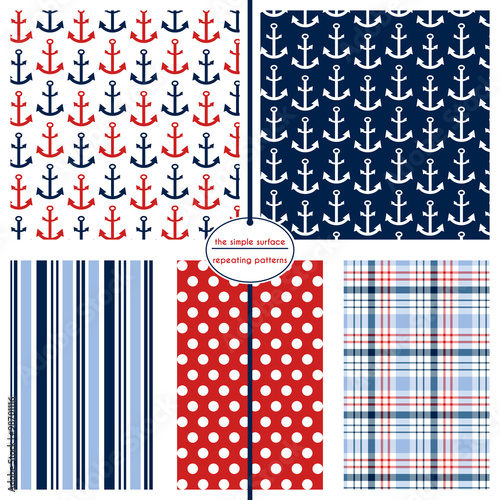 Nautical seamless pattern set. Red, white and blue repeating patterns for baby shower paper, fabric, gift wrap, backgrounds, scrapbooking and more. Anchor, stripe, polka dot and plaid prints. Preppy.