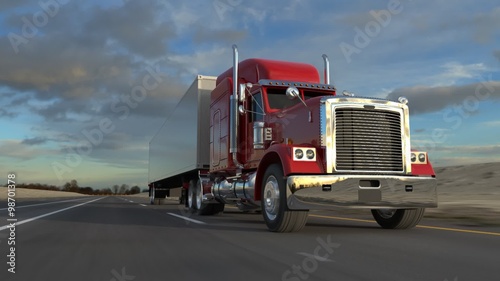 Huge semi-trailer cargo truck riding on the highway. Front view animation. HD