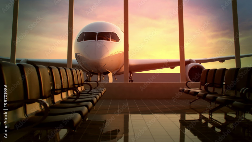 An airplane zoom-in animation in the airport terminal waiting room area. HD