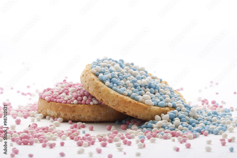 Traditional Dutch treat at the birth of a baby: beschuit met muisjes