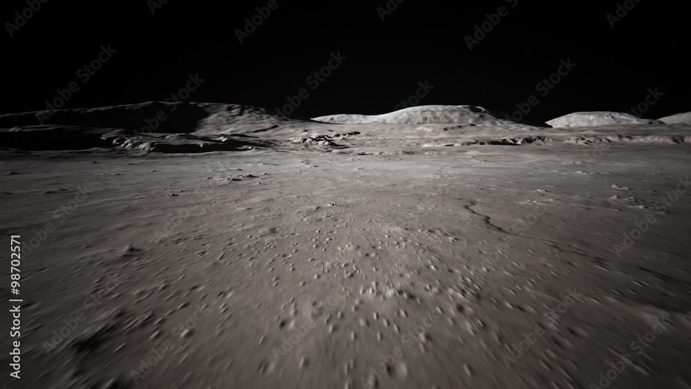 Walk through the Moon. Closeup surface animation. Lunar landing and exploring.