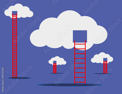 Floating white clouds with red ladders climbing up as a concept for cloud storage and access via the internet