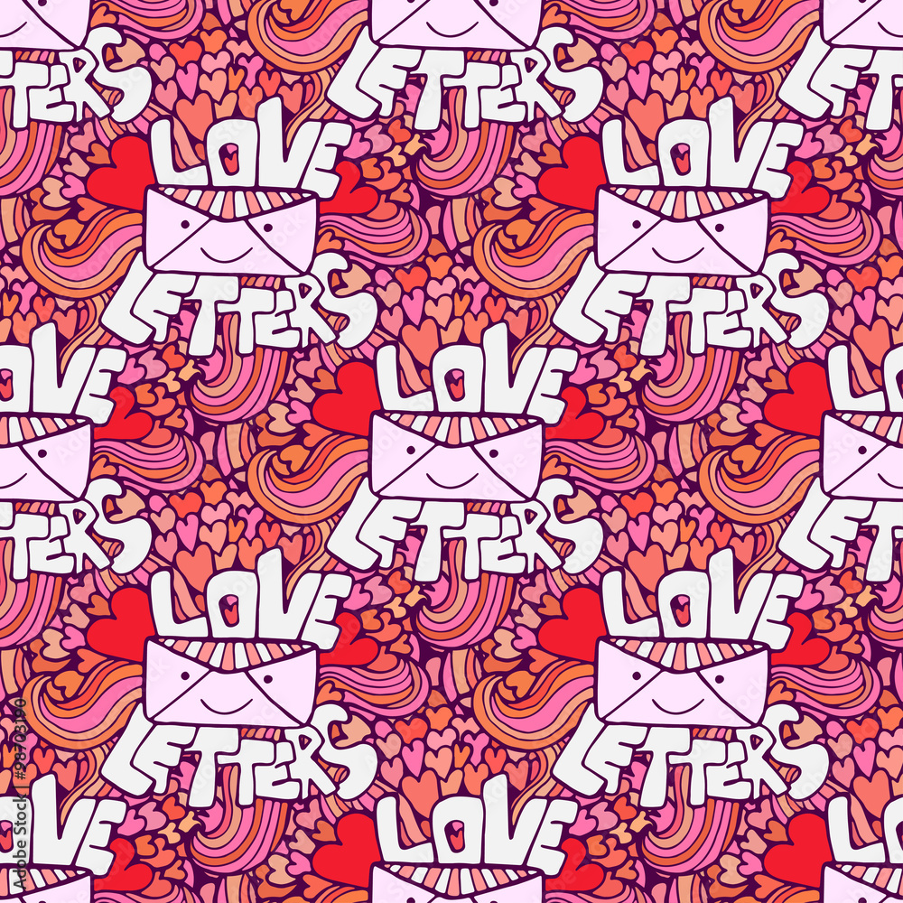 Love letter. Valentines day cute vector seamless pattern. Handwritten phrase and many doodle hearts