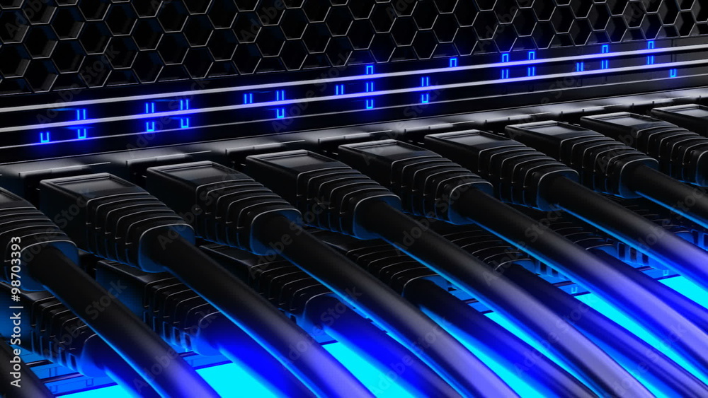 Ethernet cables connected to the network switch. Blue Led lights flashing. HD