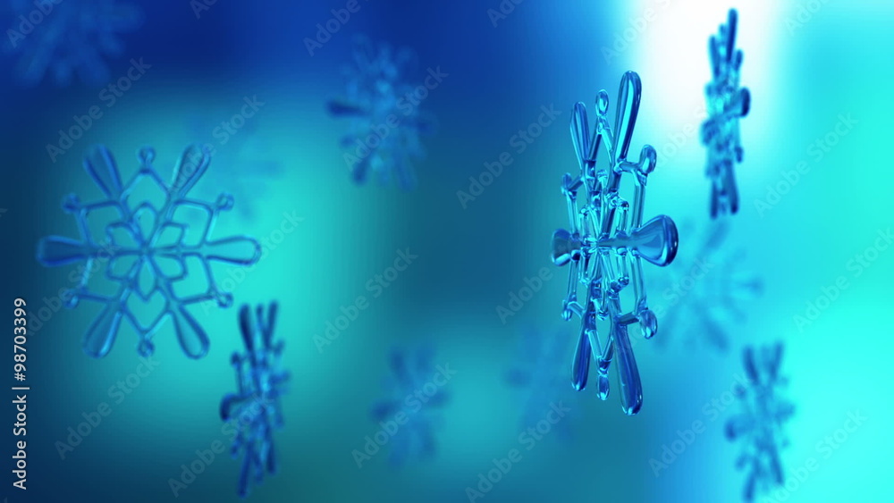 Animation of snowflake endless turning around at blue background. Loopable. HD