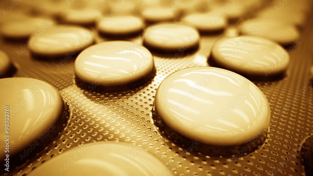 Closeup animation of unnamed vacuum-packed orange pills. Side view. Loopable. HD Closeup animation of unnamed vacuum-packed orange pills. Side view. Loopable. HD