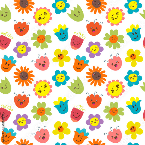 Seamless pattern with funny and happy flowers. Cute cartoon back