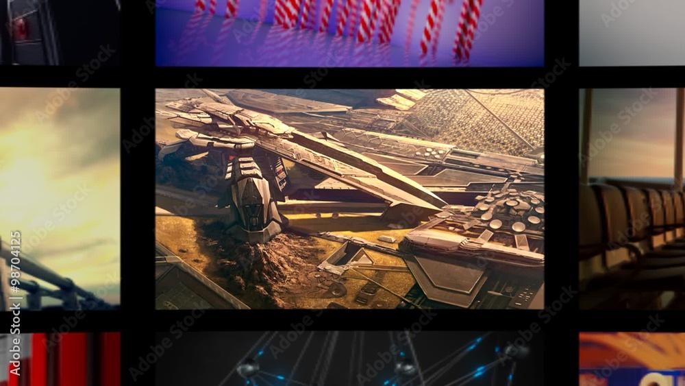 Multichannel curved display of colorful screens. Montage footage media. Zoom-out