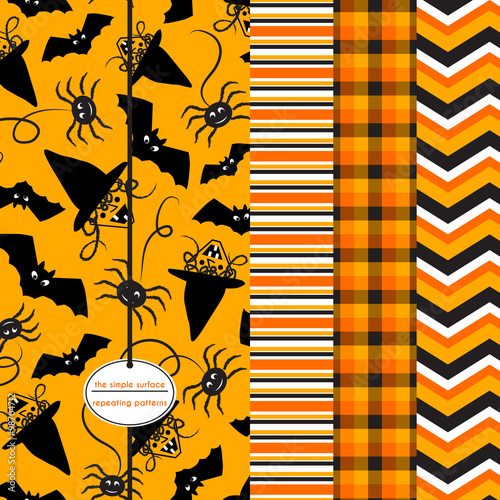 Halloween seamless pattern set. Black and orange repeating patterns. File includes Halloween, stripe, plaid and chevron print. Witches, bats and spiders. Holiday vector illustration.