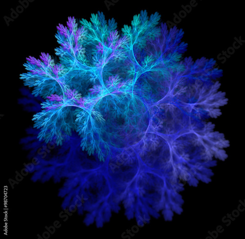 Abstract black background with blue, turquoise fluffy snowflake