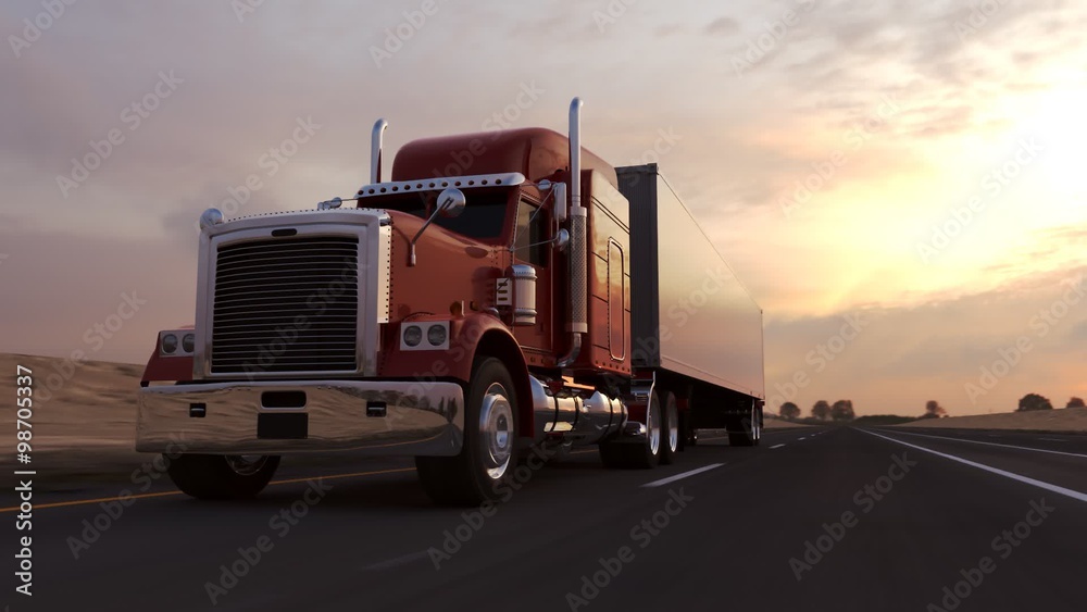 Huge semi-trailer cargo truck riding on the highway. Front view animation. HD