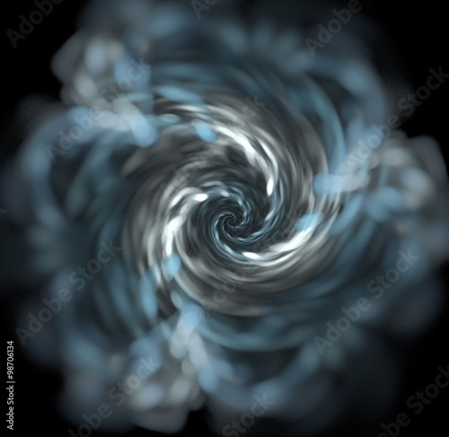 Abstract black background with blue, white and grey spiral textu