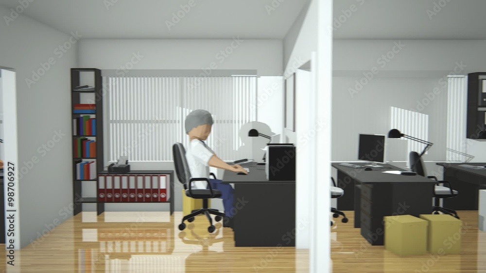 View of the corporate open room with white cubicles and employees working in it. View of the corporate open room with white cubicles and employees working in it.