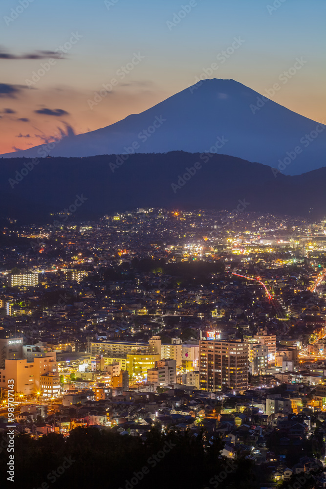 Hadano city night scape view with mountain Fuji at sunset time in autumn season