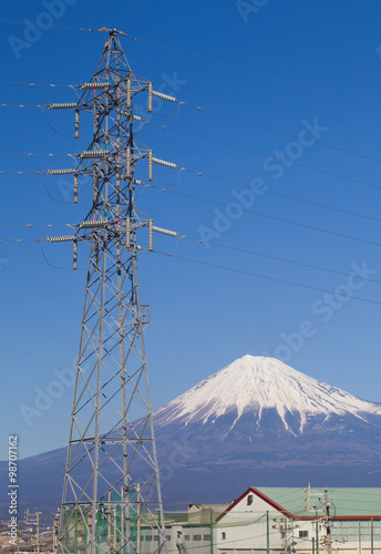 Mountain Fuji and High power tower at industry zone