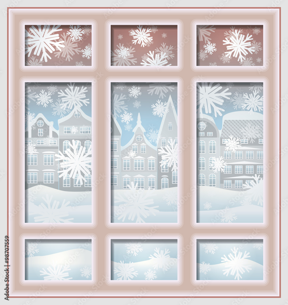 Winter city window, xmas wallpaper vector illustration