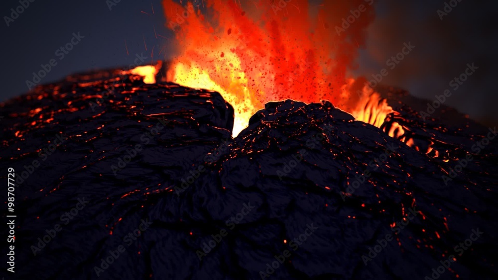 Active volcano eruption. Volcanic crater throws away glowy orange fireballs