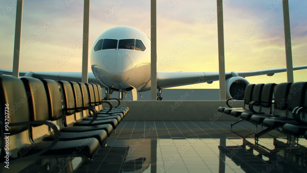 An airplane zoom-in animation in the airport terminal waiting room area. HD