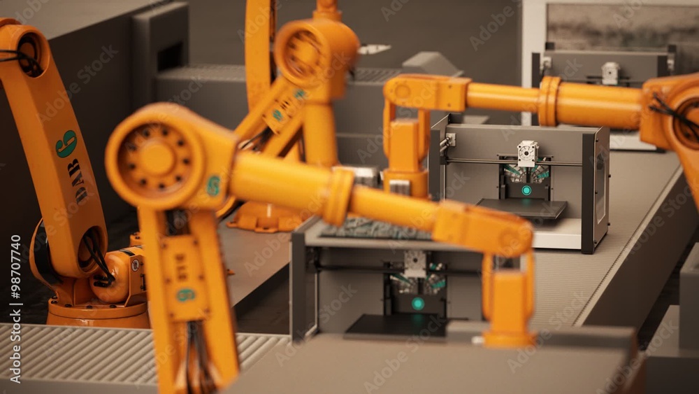 The futuristic robotic arms working on the assembly of the 3d printers.