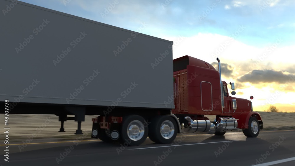 Huge semi-trailer cargo truck riding on the highway. Overall view animation. HD Huge semi-trailer cargo truck riding on the highway. Overall view animation. HD