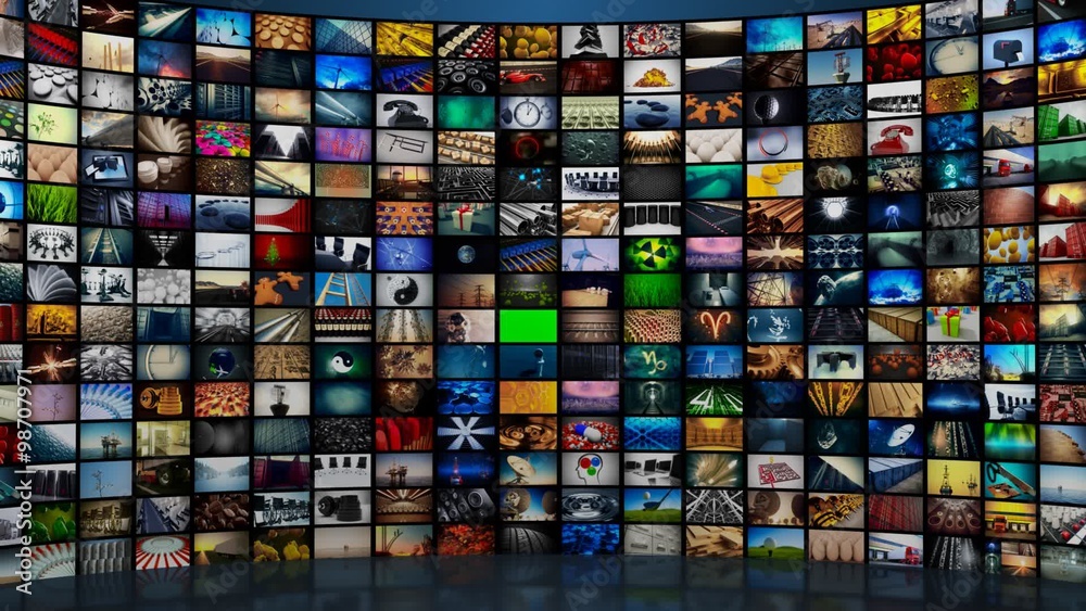 Multichannel curved display of colorful screens. Montage footage media. Zoom-out