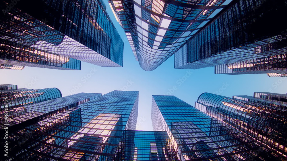 A walk-through of the business district with skyscrapers overhead. Loopable. HD