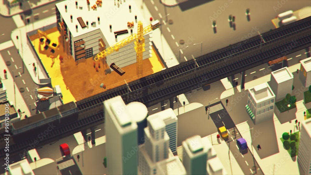 Low poly animation. View of the city with the electrical charging station.