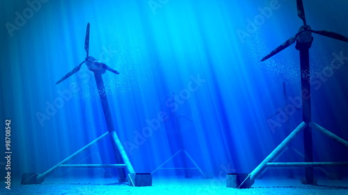 Animation of underwater tidal turbines working. Renewable energy. Loopable. HD