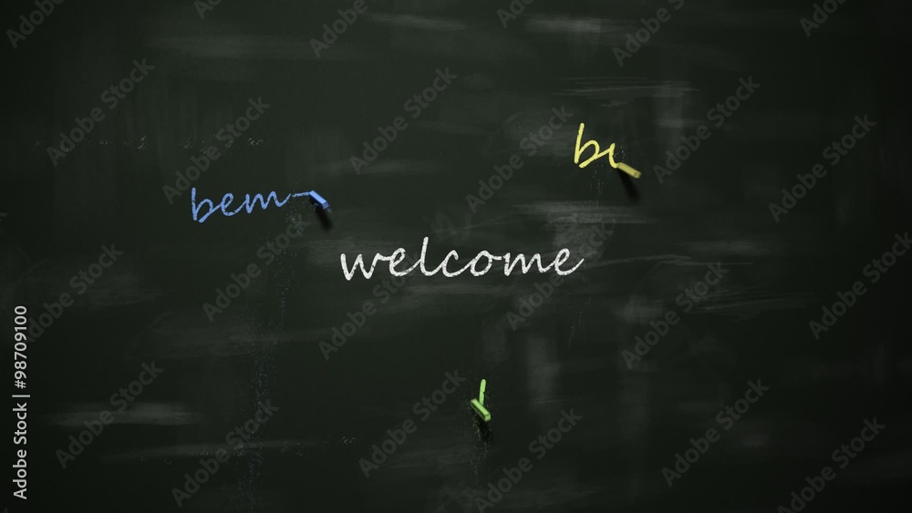Welcome' in English, German, Russian, French, Spanish, Portugese. Blackboard.