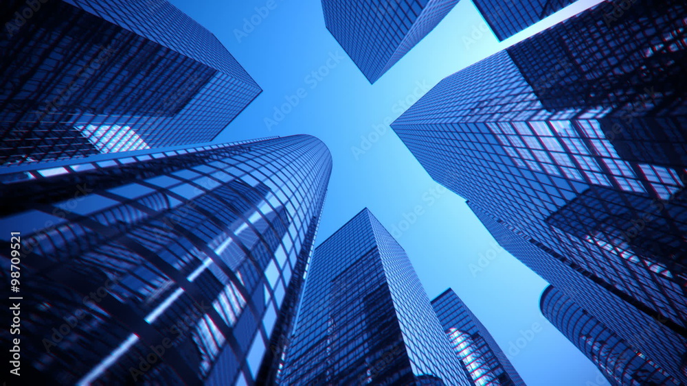 A walk-through of the business district with skyscrapers overhead. Loopable. HD