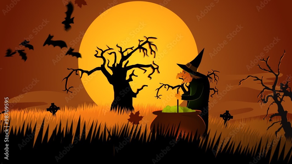 Ugly witch preparing potion in a cauldron on the haunted, mysterious graveyard. Ugly witch preparing potion in a cauldron on the haunted, mysterious graveyard.