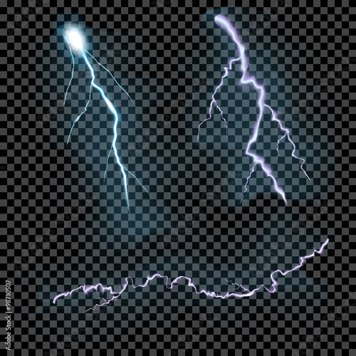 Vector set of isolated realistic transparent lightning bolts on black grey background