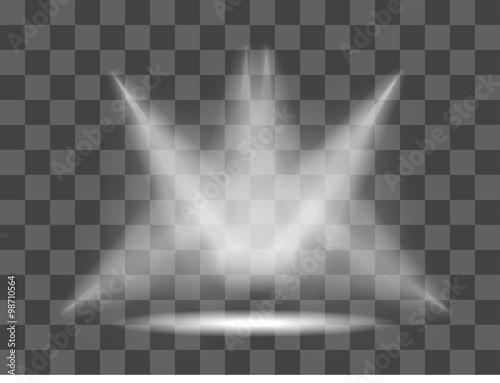Realistic white gray glowing spotlights on transparent laid background
