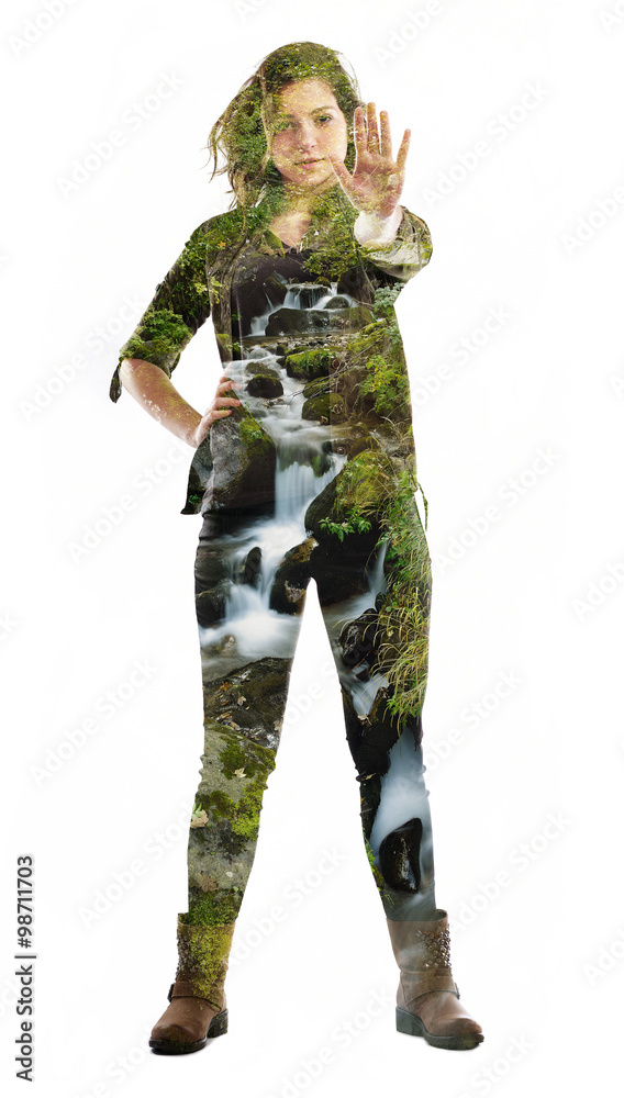 double exposure of nature and young woman dancing double exposure of nature and young woman dancing