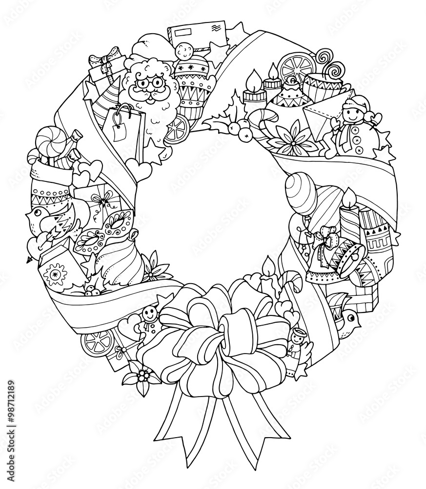Obraz premium Christmas wreath. Doodle winter circle pattern.