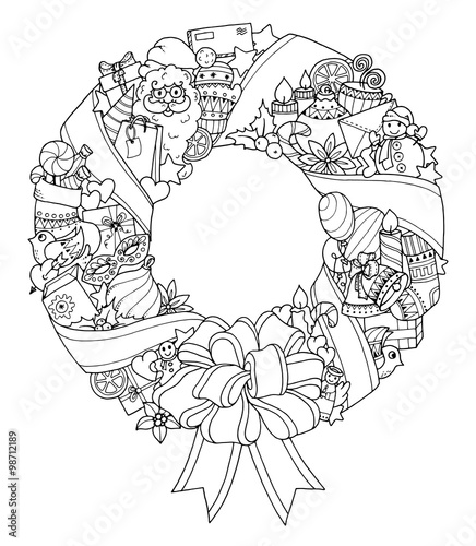 Christmas wreath. Doodle winter circle pattern.