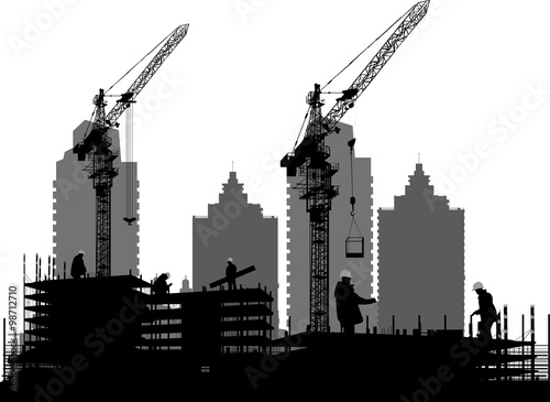 workers and hblack ouse building isolated on white