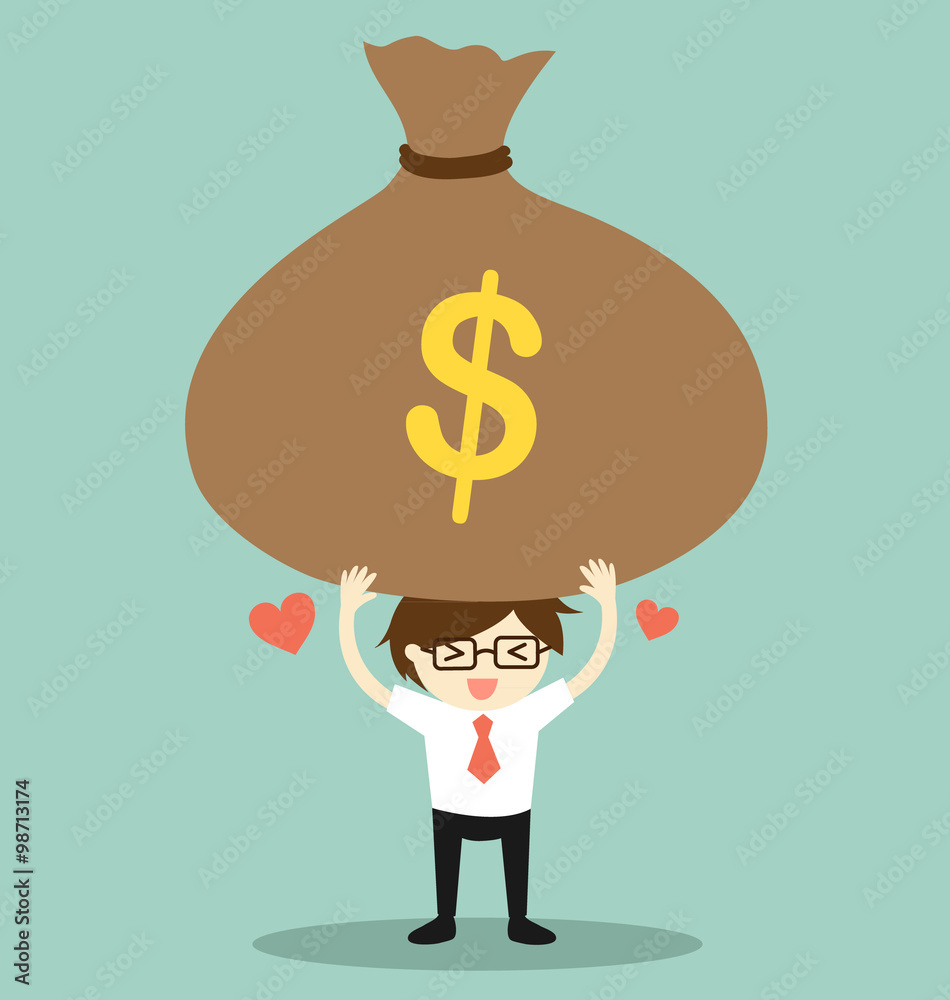 Business concept, Businessman feeling happy with big bag of money. Vector illustration. Business concept, Businessman feeling happy with big bag of money. Vector illustration.